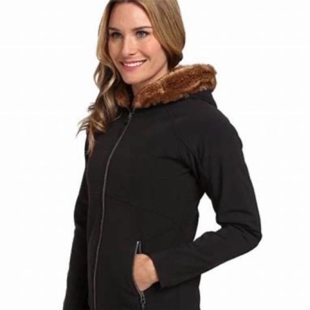 Marmot Soft Shell Furlong Jacket Fur Hood size medium black, fur chestnut brown - Picture 2 of 15